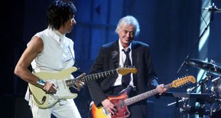 Jeff Beck and Jimmy Page onstage &ndash; Beck plays his white Strat, Page is on an Electric XII.