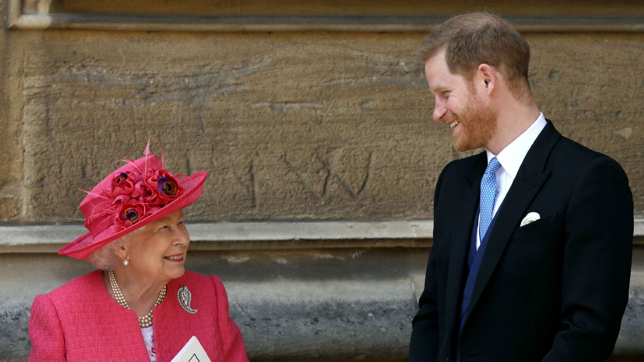 Queen Elizabeth II speaks with Prince Harry, Duke of Sussex as they leave after the wedding of Lady Gabriella Windsor to Thomas Kingston at St George&#039;s Chapel, Windsor Castle on May 18, 2019 in Windsor, England.