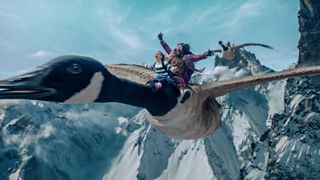Flip and Nemom cheer as they ride a giant Canada goose in Slumberland on Netflix