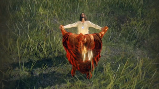 A player dressed as Jesus in Elden Ring performing the Rapture gesture