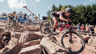 Sina Frei rides a boulder section at UCI XCO World Cup in Snowshoe, USA on September 19, 2021