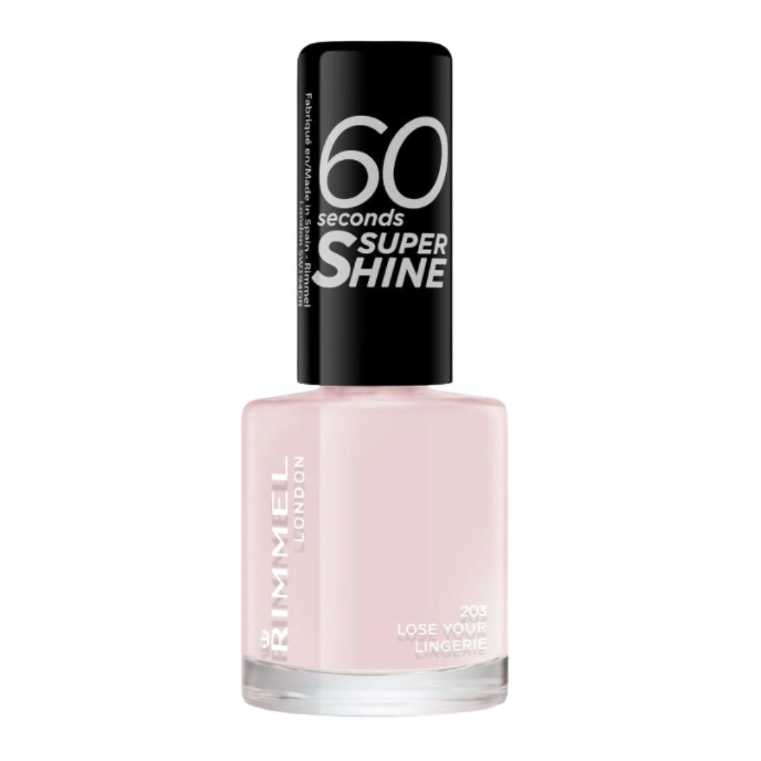 A product shot of Rimmel 60 Seconds Super Shine Nail Polish in Shade Lose Your Lingerie, on a white background