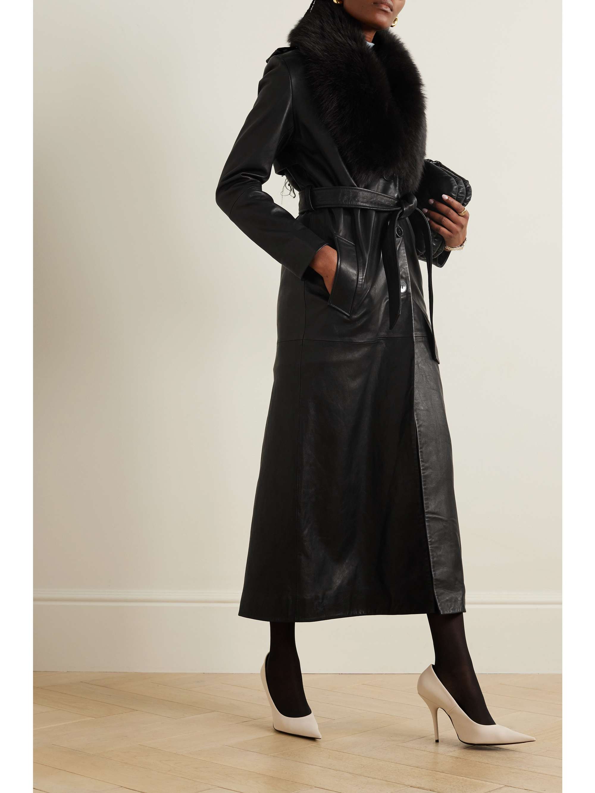 + Net Sustain Dakota Belted Shearling-Trimmed Leather Coat