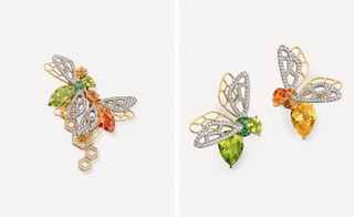 Bee appears in coloured gemstones with an oval-cut body and golden wings.