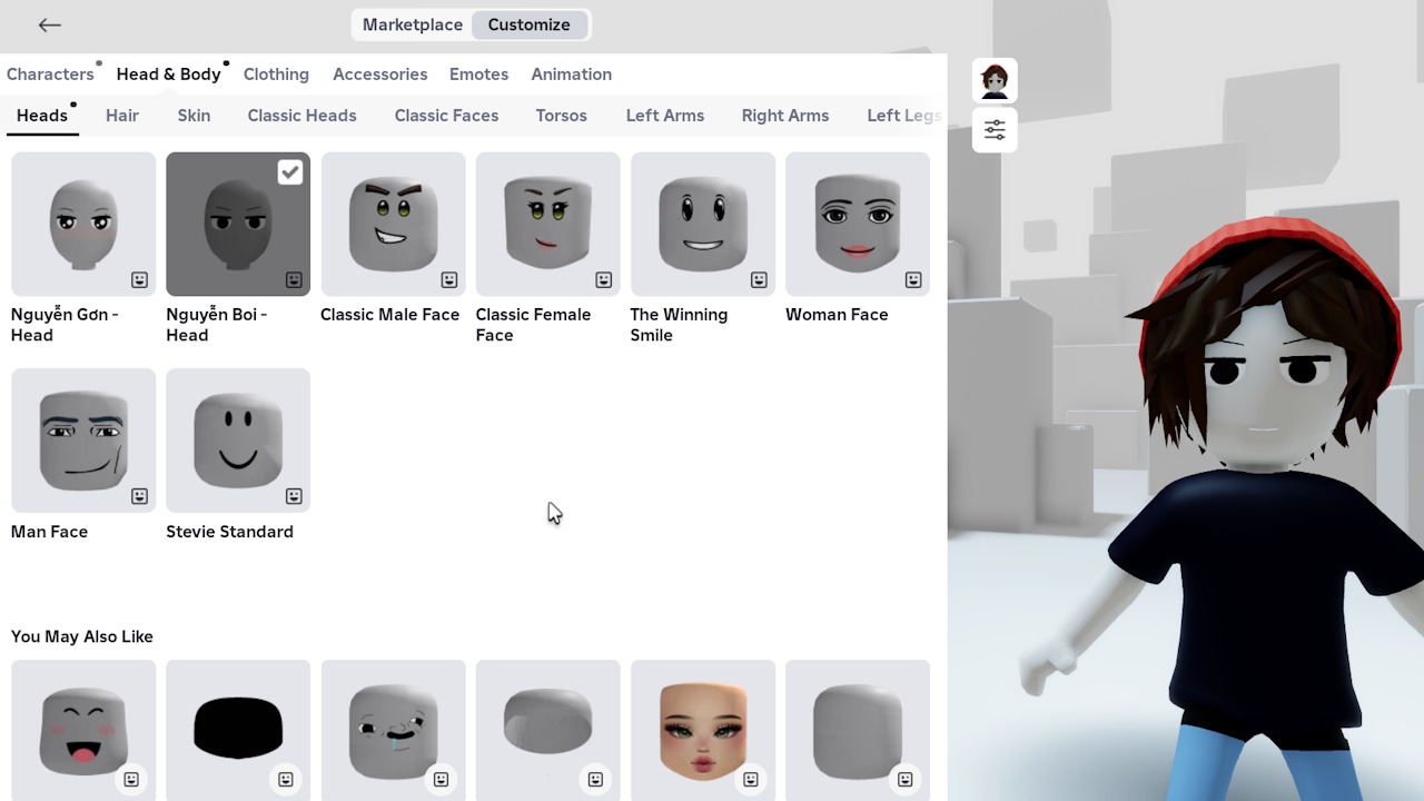 Roblox avatar customization screen with the Nguyen Boi head from a Roblox code selected.