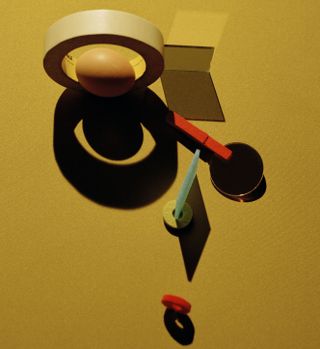 A selection of household objects including an egg, tape and a red peg against a yellow background