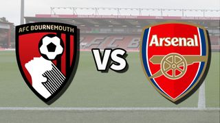 The AFC Bournemouth and Arsenal club badges on top of a photo of the Vitality Stadium in Bournemouth, England
