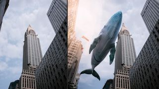 Midjourney image of whale above buildings