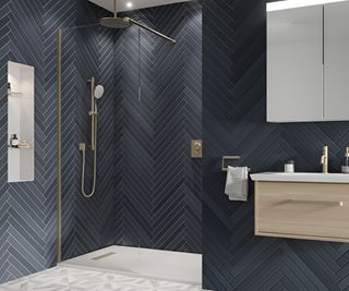 dark blue bathroom tiles and shower enclosure