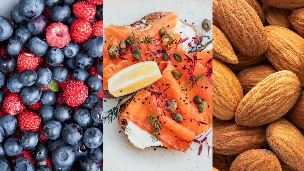 L-R: berries; salmons; almonds