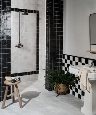 A black and white tiled bathroom