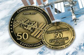 Winco's International Space Station "50 Expeditions" medallion (obverse, at left) and lapel pin (reverse, at right).