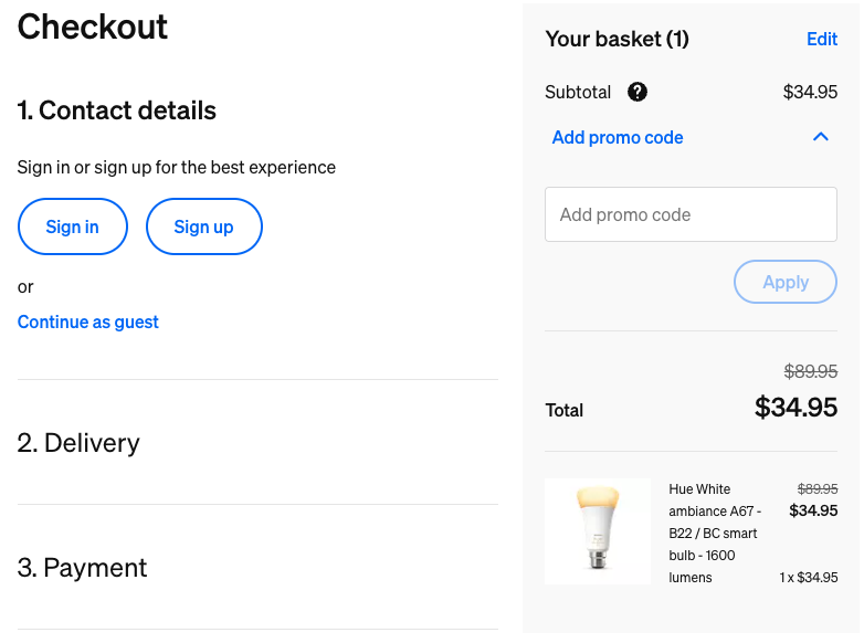 Philips Hue checkout page