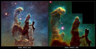 This comparison view shows the Eagle Nebula's famed Pillars of Creation as seen by the Hubble Space Telescope in 1995 (right), and again 20 years later in 2015. The new image was captured by Hubble's Wide Field Camera 3, installed in 2009, which offers a clearer view of glowing oxygen, hydrogen and sulfur.