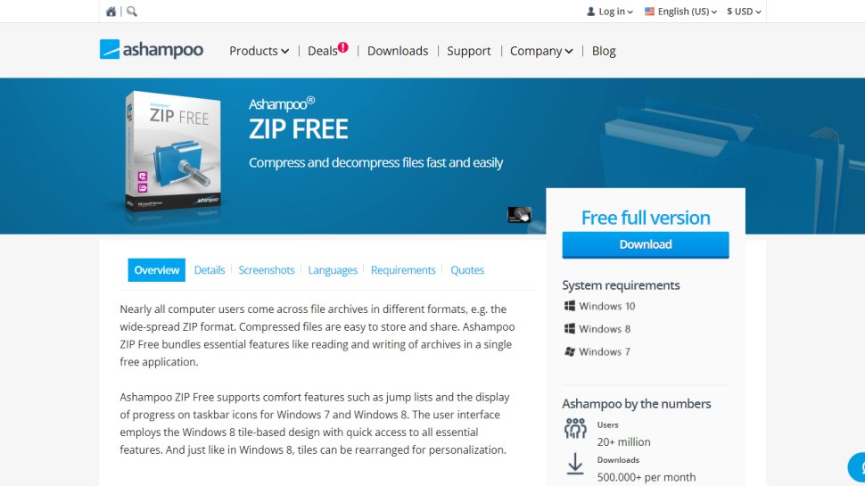 Website screenshot for Ashampoo Zip Free