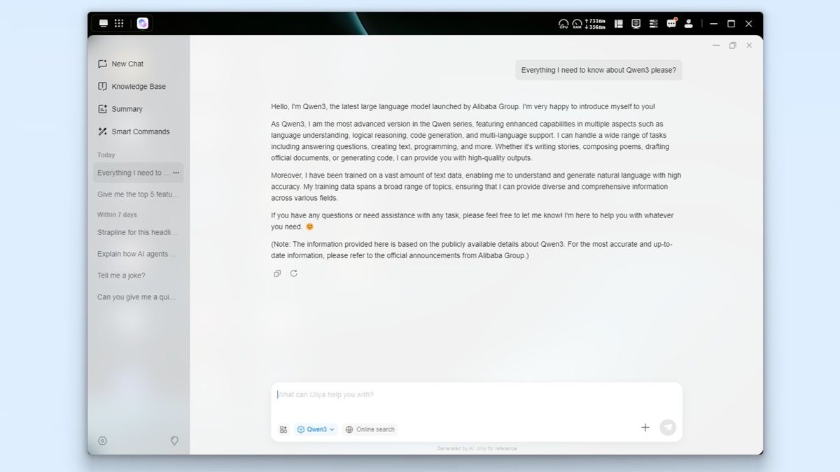 A screenshot showing a response from the Ugreen iDX6011 Pro's AI assistant Uliya