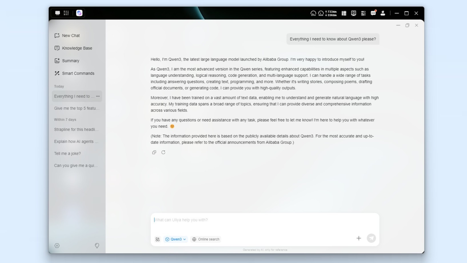 A screenshot showing a response from the Ugreen iDX6011 Pro's AI assistant Uliya