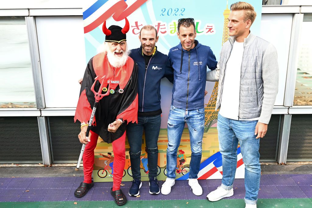 SAITAMA JAPAN NOVEMBER 05 LR Didi Senft of Germany Devil Didi Devil Alejandro Valverde of Spain and Movistar Team Vincenzo Nibali of Italy and Team Astana Qazakstan and Marcel Kittel of Germany during the 8th Tour de France Saitama Criterium 2022 Media Day SaitamaCriterium on November 05 2022 in Saitama Japan Photo by Kenta HaradaGetty Images
