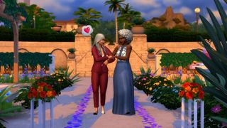 An image of a same-sex couple from the The Sims 4: Wedding Stories promotional content