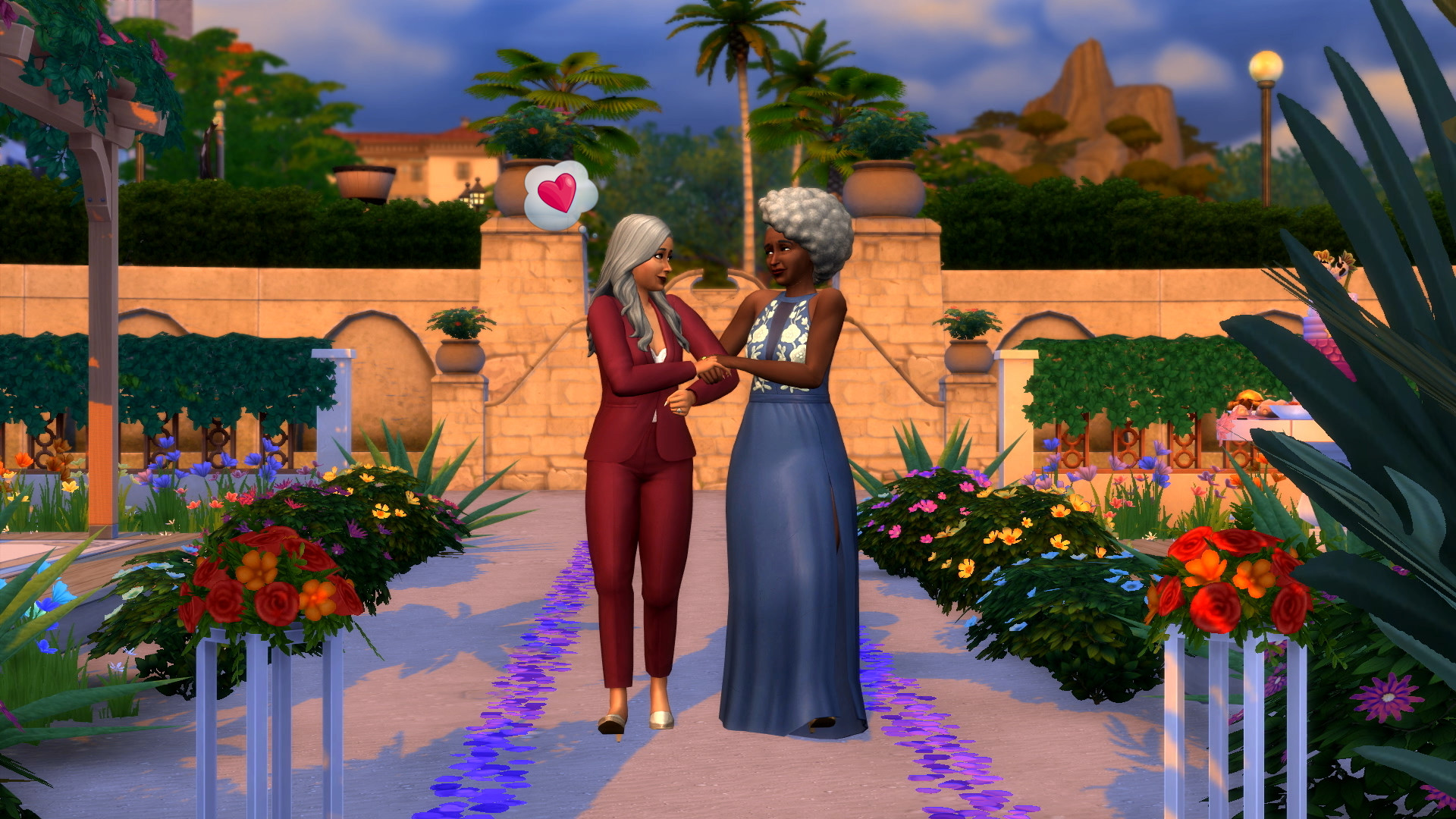 An изображение пары Sims, стоящей вместе на свадьбе