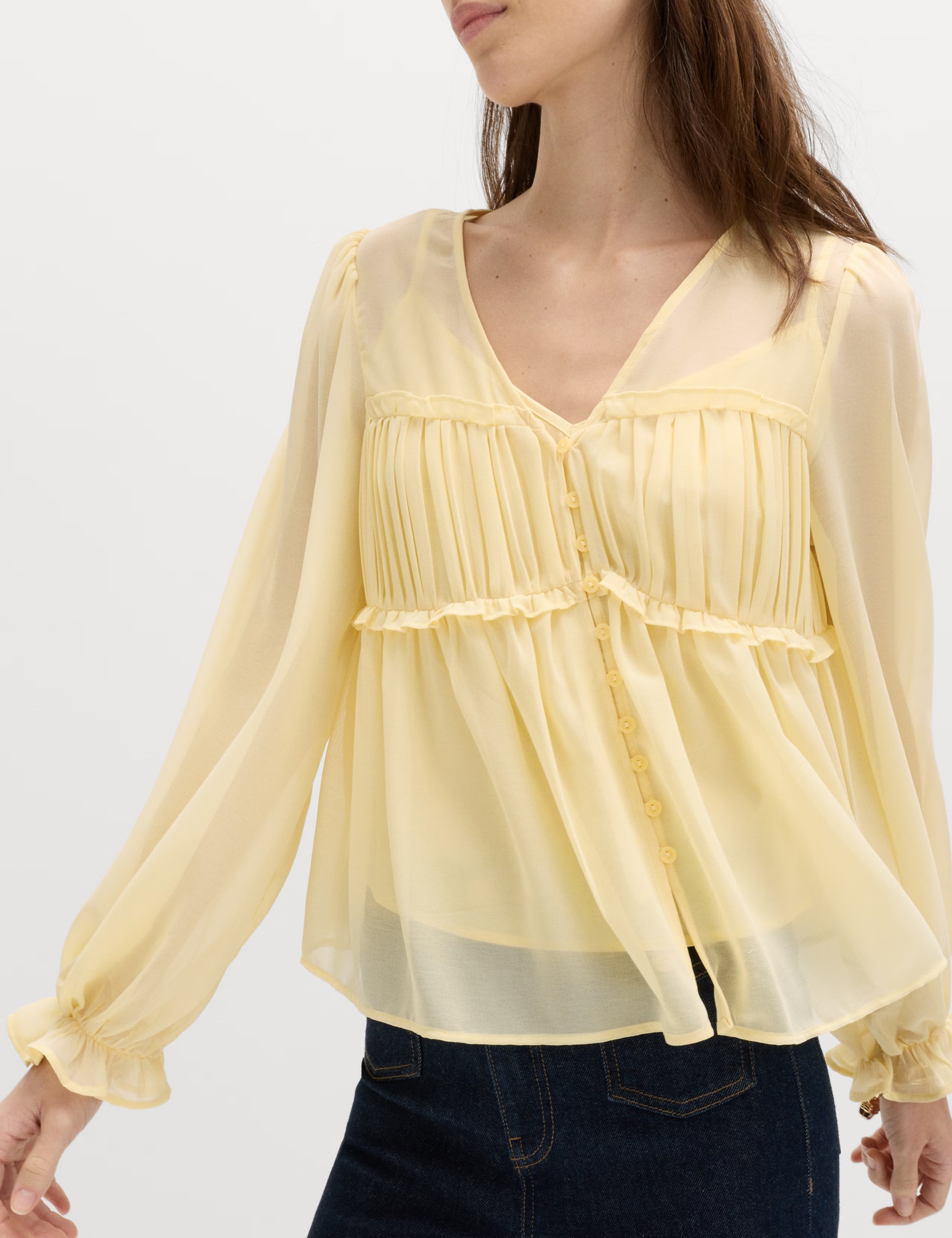V-Neck Ruffle Detail Long Sleeve Blouse