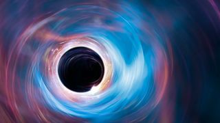 We see a. black hole illustration. It is surrounded by circles of blue and pink from its superheated accretion disc.