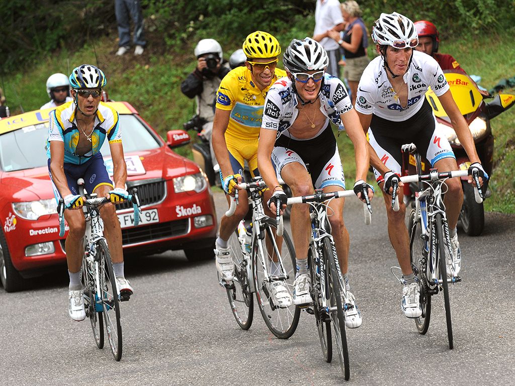 Contador alongside the Schleck brothers and Andreas Kloden during stage 17 of the race