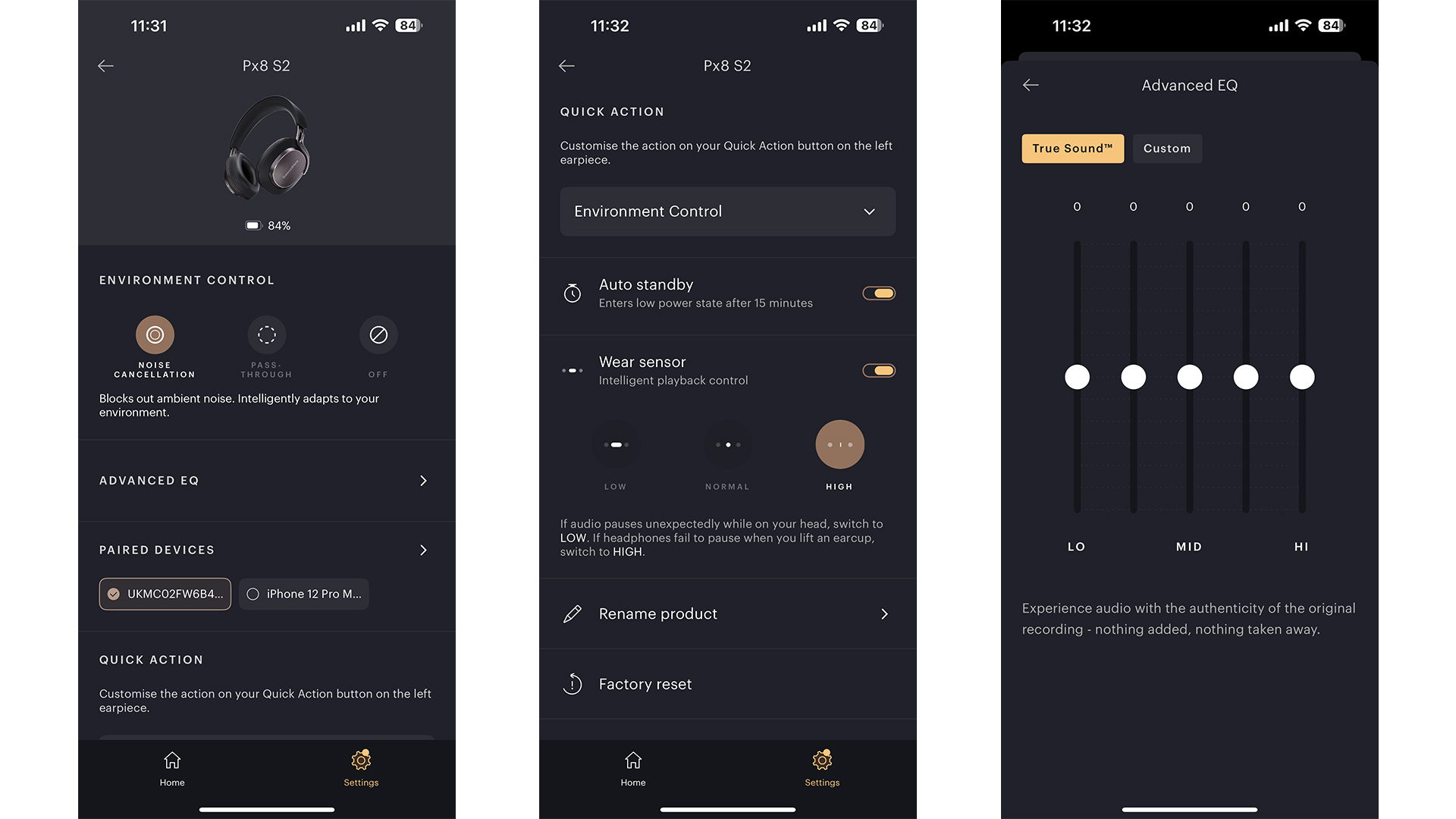 Bowers &amp;amp; Wilkins Px8 S2 wireless headphones app on three smartphone screens