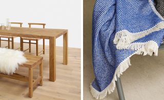 The photo to the left shows a wooden dining table with matching chairs, and a bench with sheepskin on it. The photo to the right shows a blue and white blanket with tassels.
