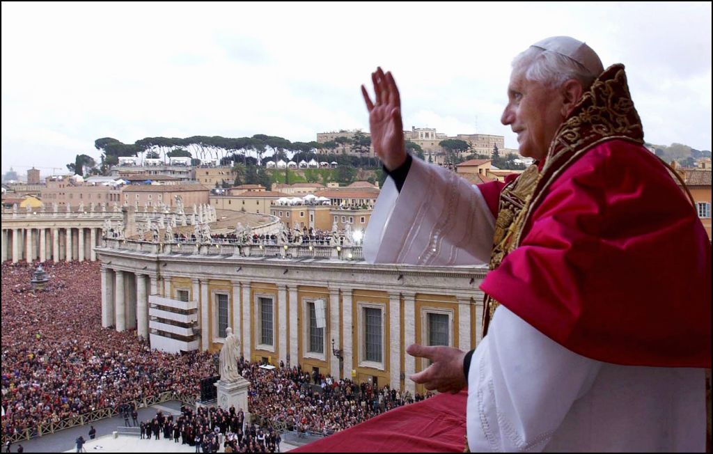 German Cardinal Joseph Ratzinger is elected Pope (Benedict XIII) in Rome, Italy on April 19, 2005. He waves to the crowd in St. Peter's Square.