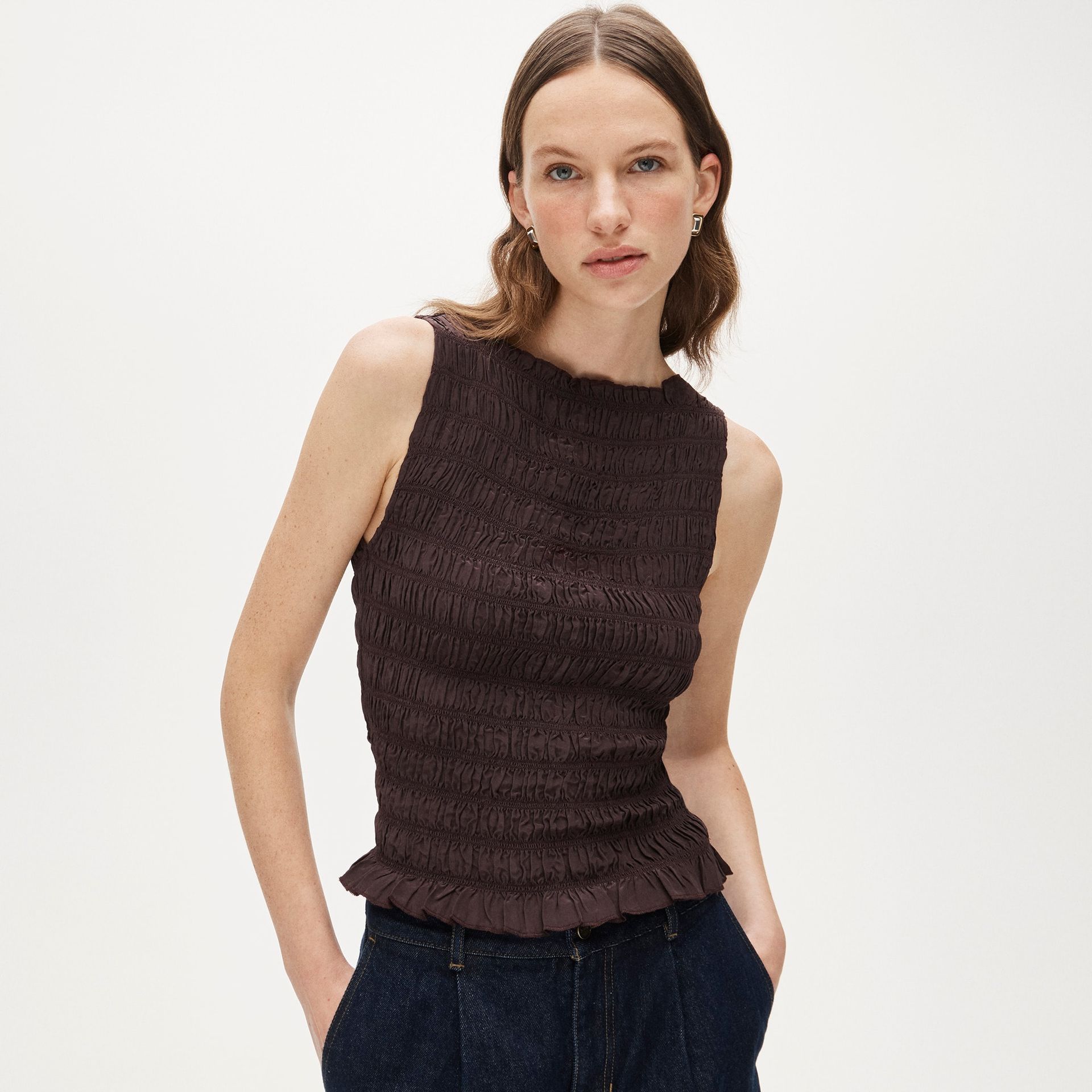 Smocked Shell Tank Top in Crepe De Chine
