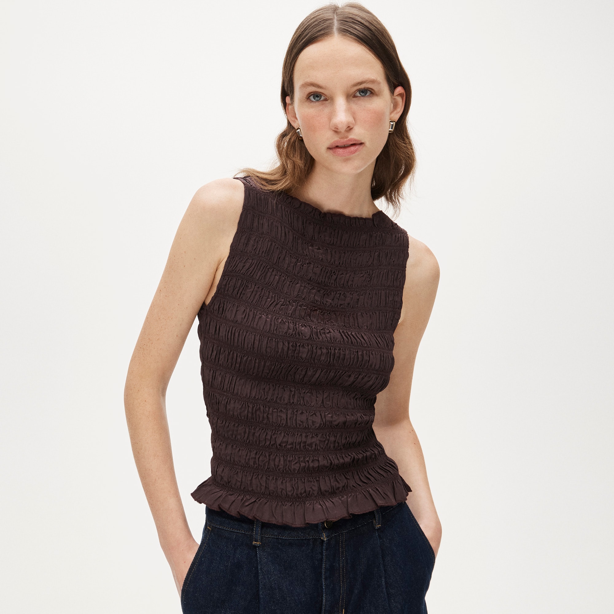 Smocked Shell Tank Top in Crepe De Chine