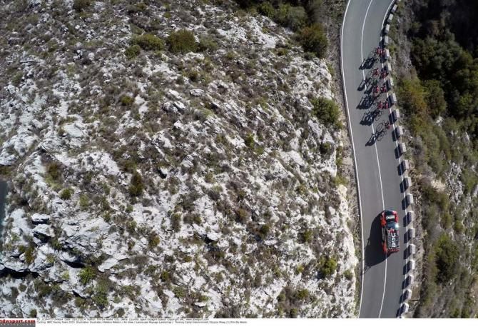 An arial view of the BMC riders