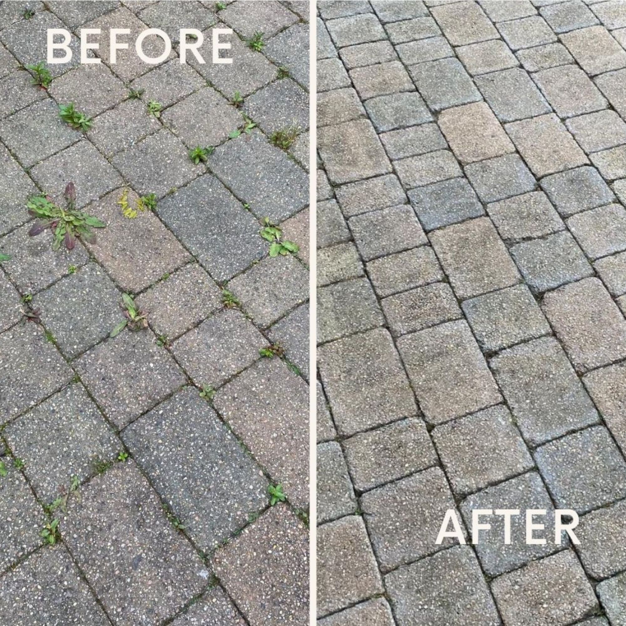 block paving with weeds