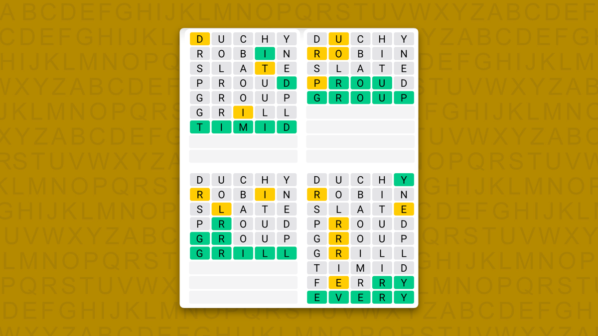 Quordle answers for game 1724 on a yellow background