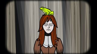 A frog sits on the head of a red-haired lady 