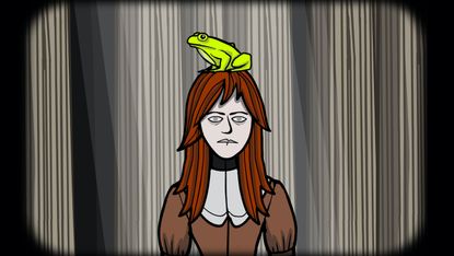 A frog sits on the head of a red-haired lady 