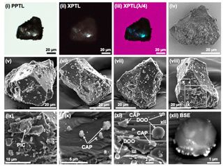 Microscopic views of an asteroid sample collected by Japan's Hayabusa probe show tiny bits of grain that have adhered to it from impacting meteorites.