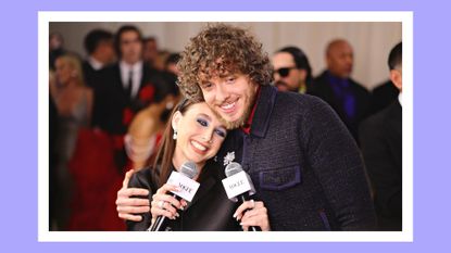 Emma Chamberlain and Jack Harlow hug as they attend The 2023 Met Gala Celebrating "Karl Lagerfeld: A Line Of Beauty" at The Metropolitan Museum of Art on May 01, 2023 in New York City/ in a purple template
