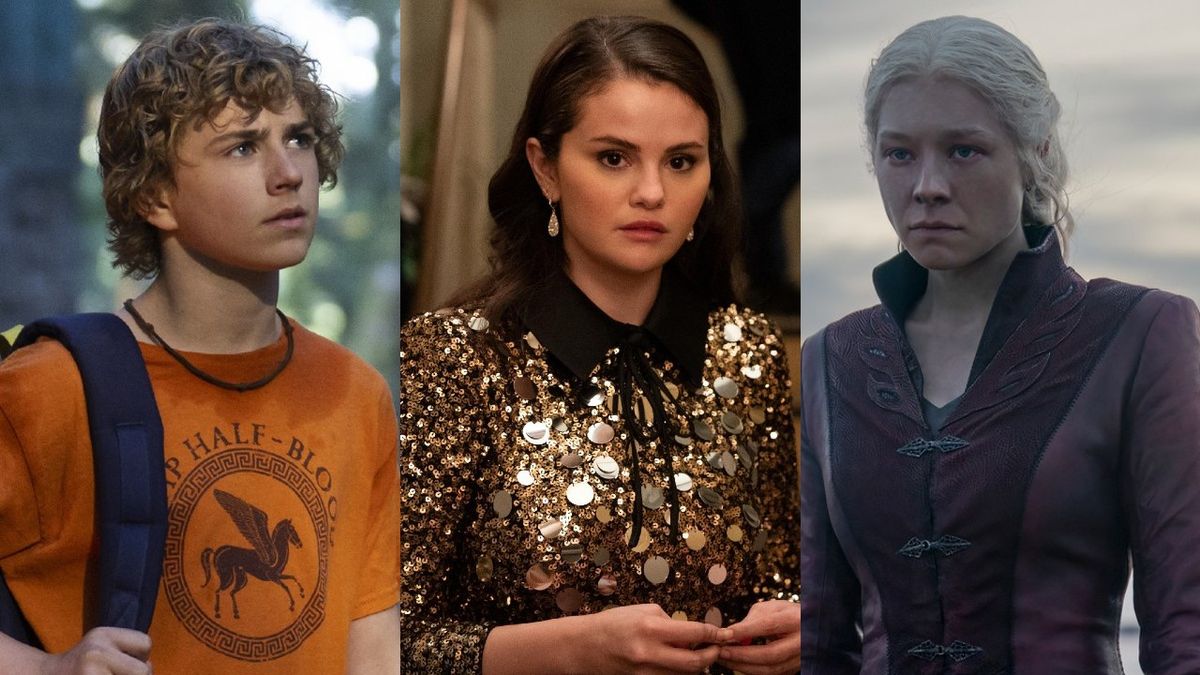 From left to right: Walker Scobell as Percy looking to his right in Percy Jackson, Selena Gomez as Mabel looking concerned in Only Murders in the Building and Emma D&#039;Arcy as Rhaenyra looking driven in House of the Dragon.