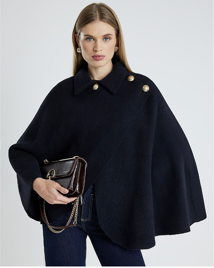 Navy Knitted Wrap Button Cape