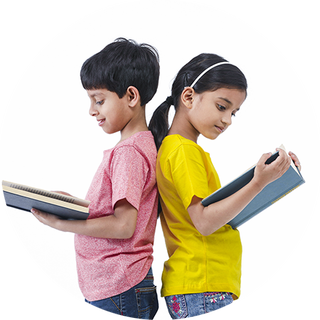 Image of a girl and a boy standing back-to-back, reading their books