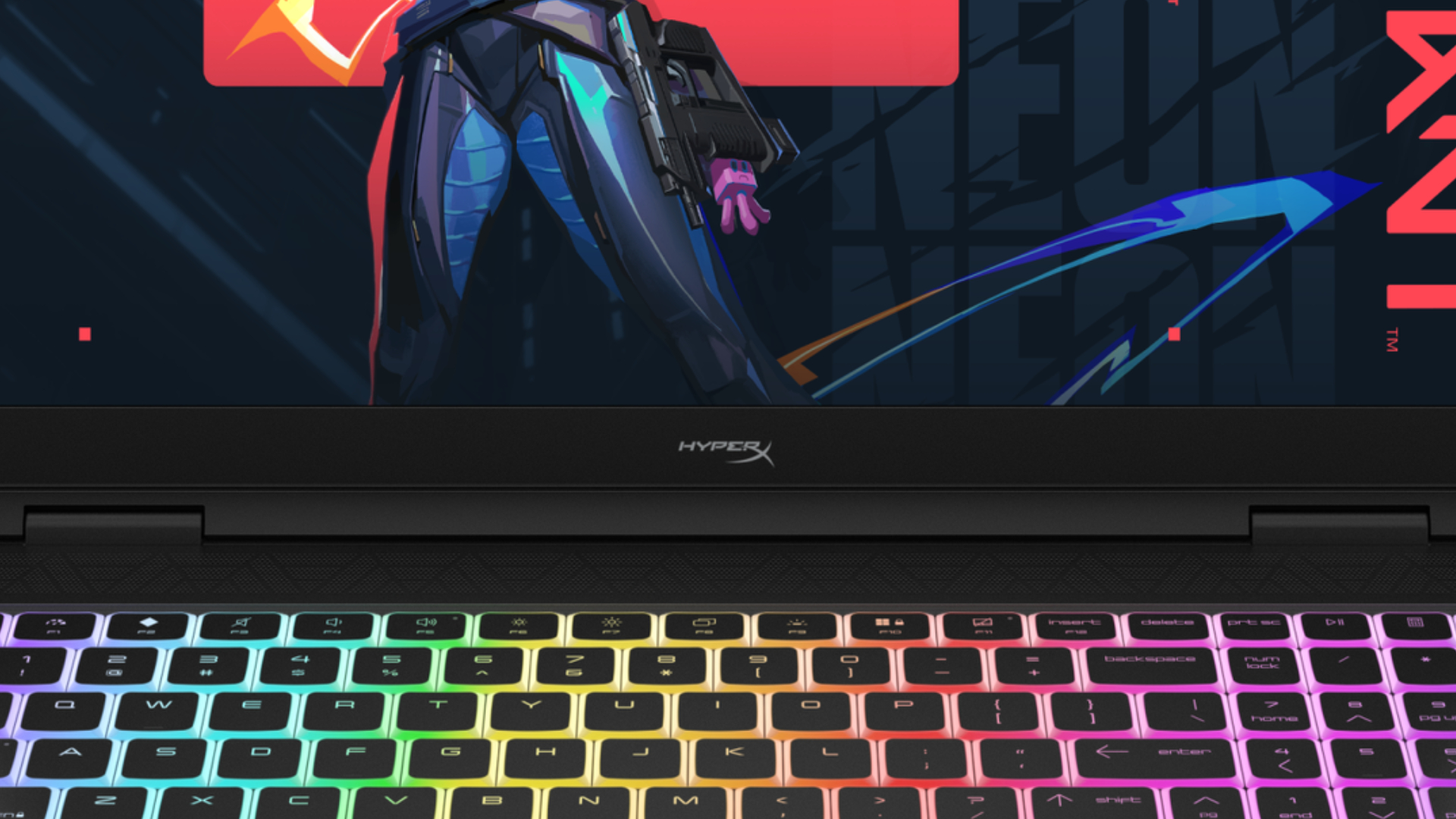 A close up of the HyperX branding beneath the 16-inch screen of the HyperX Omen Max 16 gaming laptop