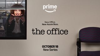 The Office Australia key art, featuring Hannah (Felicity Ward) peeking through some curtains