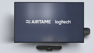 The Airtame and Logitech logos on a monitor.
