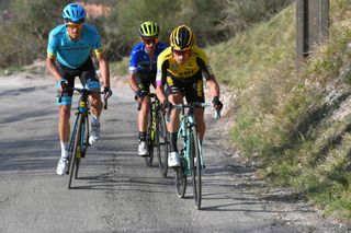 Jakob Fuglsang (Astana), Adam Yates (Mitchelton-Scott) and Primož Roglicč (Jumbo-Visma) leading the chase for Lutsenko