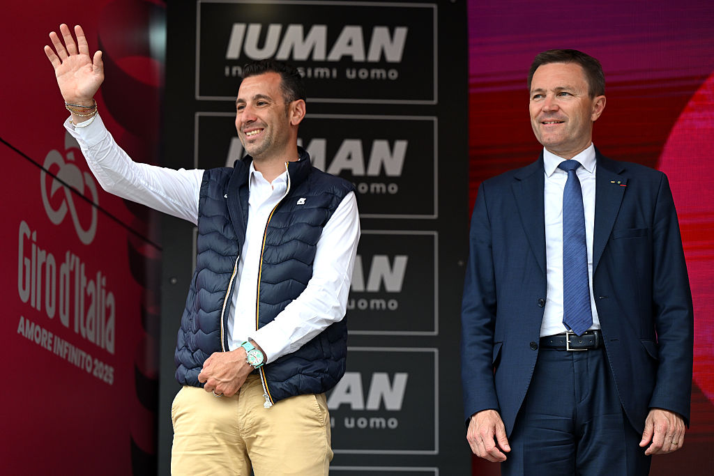 TIRANA ALBANIA MAY 09 LR Exprofessional cyclist Vincenzo Nibali of Italy and David Lappartient President of the UCI World Tour during the 108th Giro dItalia 2025 Stage 1 a 160km stage from Durres to Tirana UCIWT on May 09 2025 in Tirana Albania Photo by Dario BelingheriGetty Images