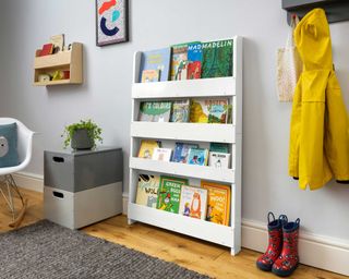 bookshelves and boxes in kids room