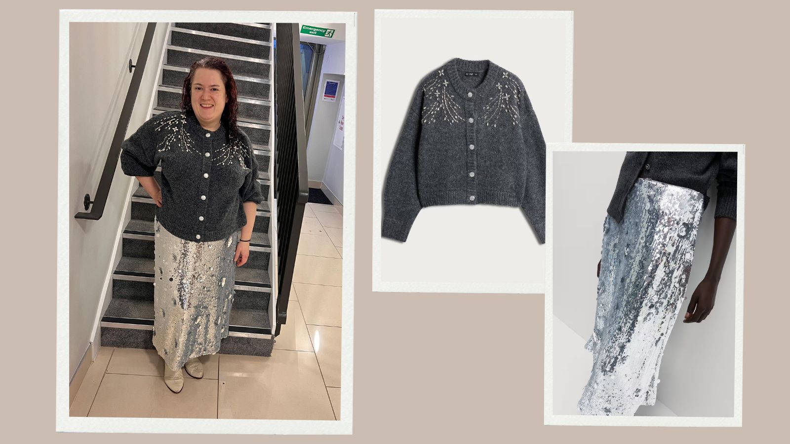 rivkie baum in sequin skirt and knit jumper