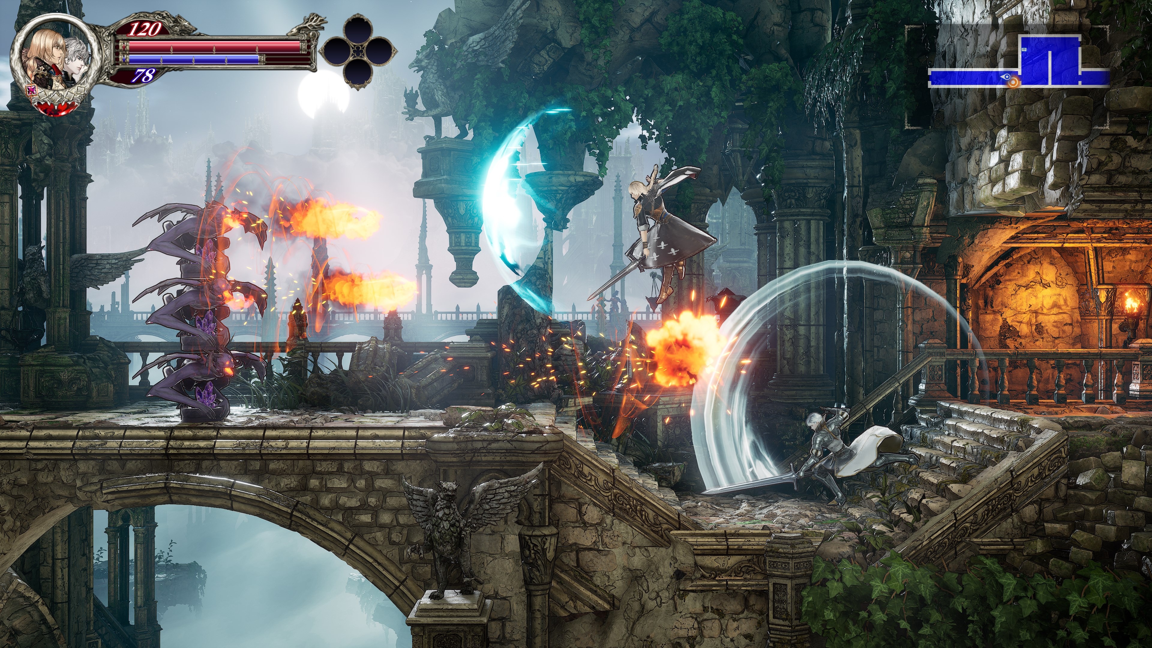 In-game screenshot of the player fighting monsters in Bloodstained: The Scarlet Engagement